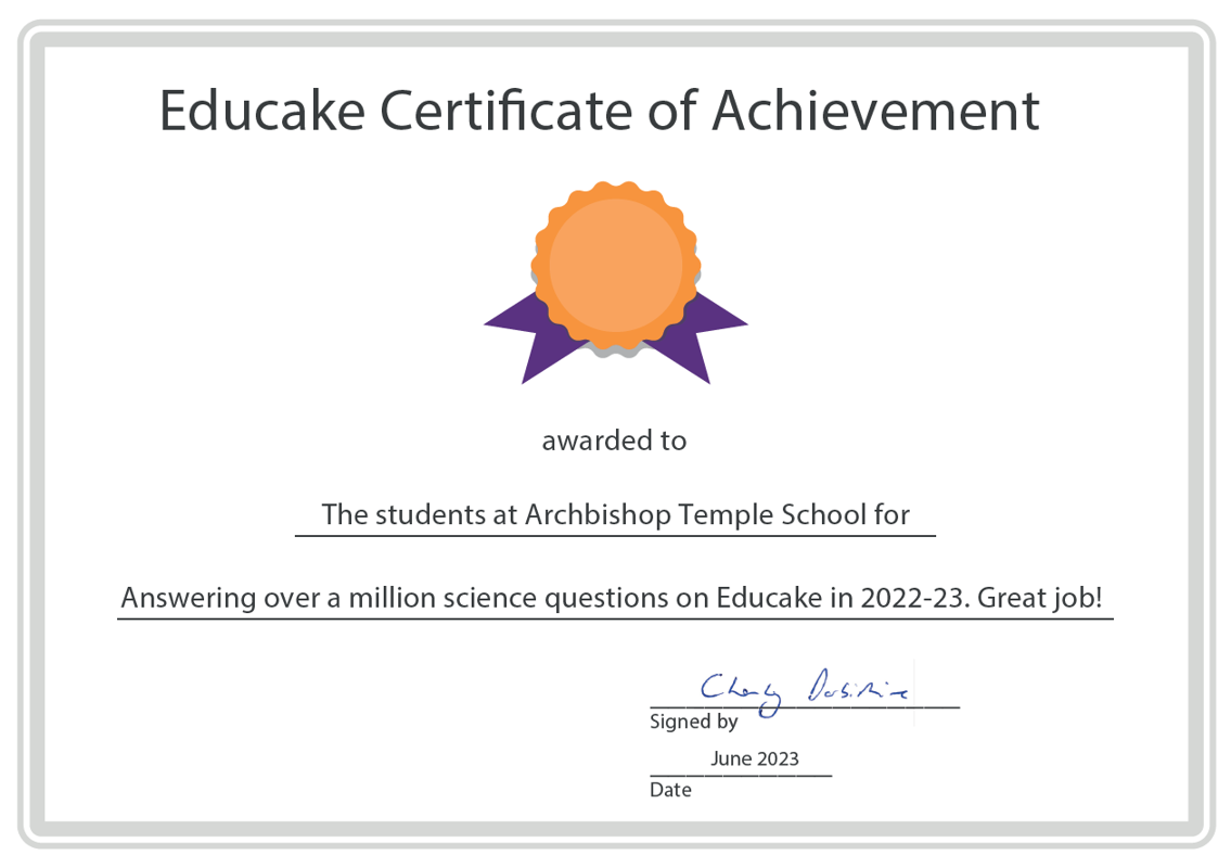 Image of Archbishop Temple Church of England High School pupils in the top 5% of learners using Educake - our Science online learning tool.