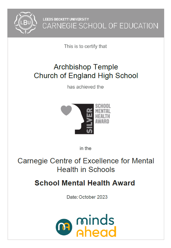 Image of Archbishop Temple Church of England High School has been awarded the School Mental Health Award - Silver 