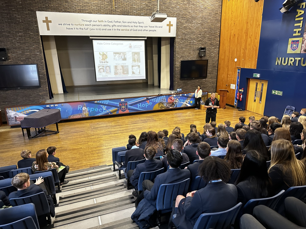 Image of Hate crime presentation delivered to pupils in years 8, 9 and 10 by Lancashire Constabulary